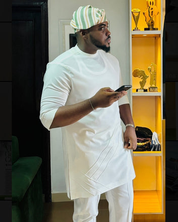 MG White Men's Traditional African Suit with Velvet Lion Throw/ Kafka, African Suit T253